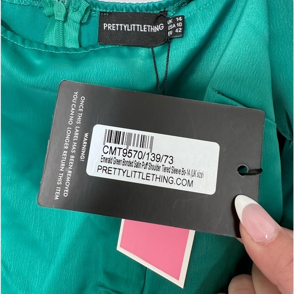 PLT Satin Puff Sleeve Bodycon Dress - Emerald Green - Picture 9 of 9